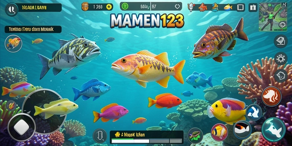 Tampilan gameplay seru MAMEN123 saat menembak ikan.