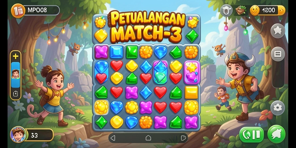 Screenshot MPO08 menampilkan gameplay Match-3 yang adiktif dan penuh warna.