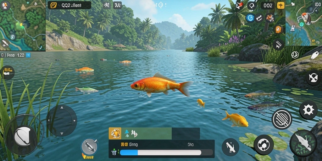 Gameplay QQ222 yang seru dengan pemandangan alam memukau saat memancing.
