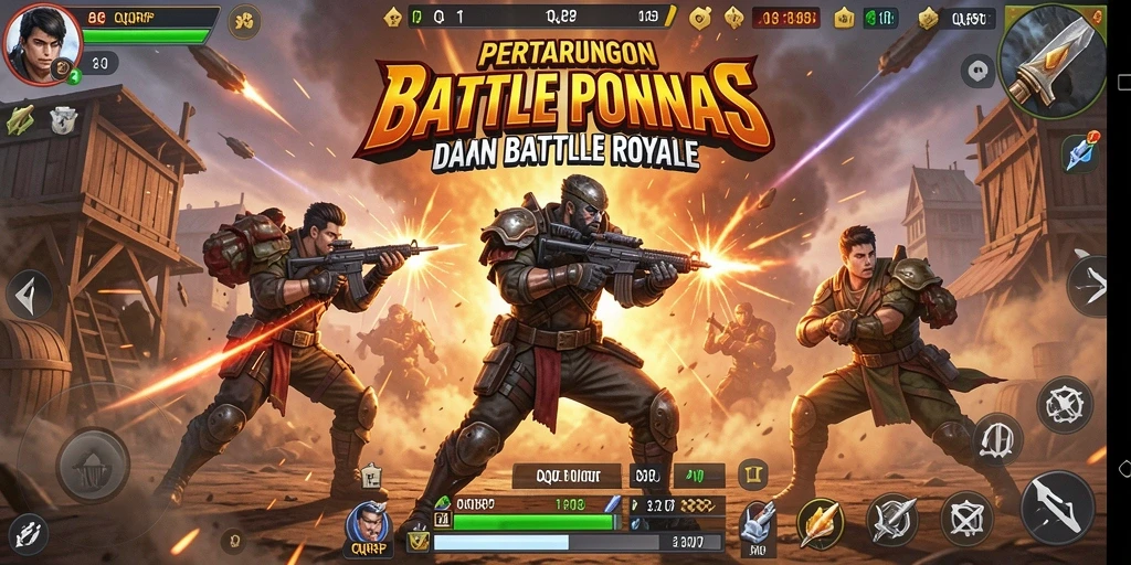 Tampilan gameplay QQRP menggambarkan pertempuran dinamis dalam arena Battle Royale.
